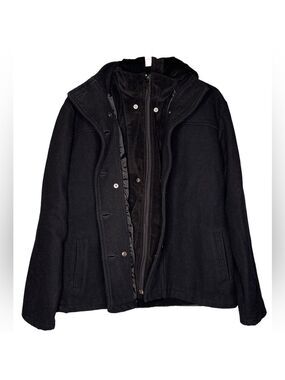 Men’s  Black Pea Coat with detachable Hooded Vest 36/XXL